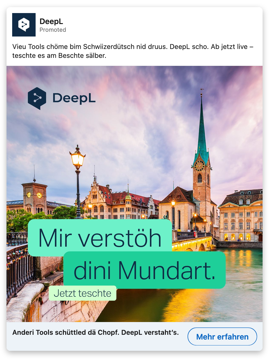 DeepL-Werbung mit Zürich-Motiv: Mir verstöh dini Mundart.