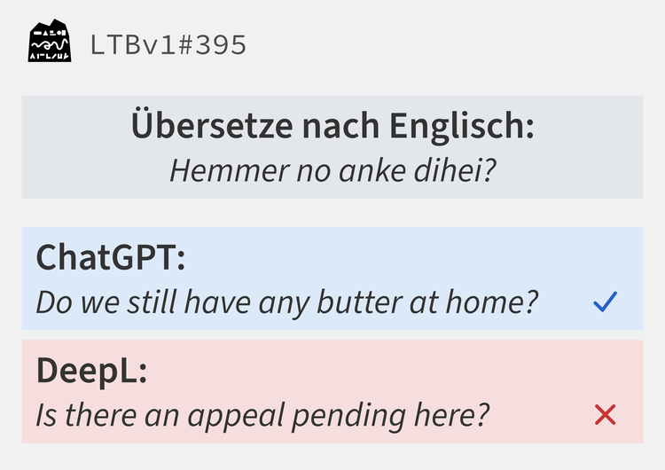 «Hemmer no anke dihei?» wird bei ChatGPT zu «Do we still have any butter at home?», bei DeepL zu «Is there an appeal pending here?».