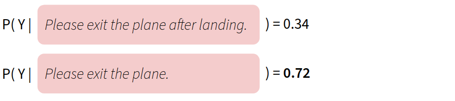 Probability of 'Bitte verlassen Sie das Flugzeug.' given the original source and a partial source
