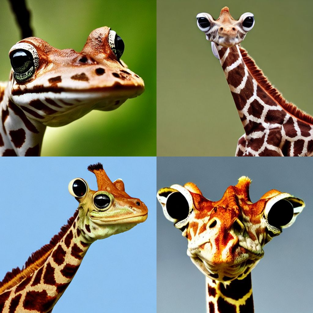 “photo of a giraffe that looks like a frog” ensembled with “photo of a frog that looks like a giraffe”, generated with Stable Diffusion