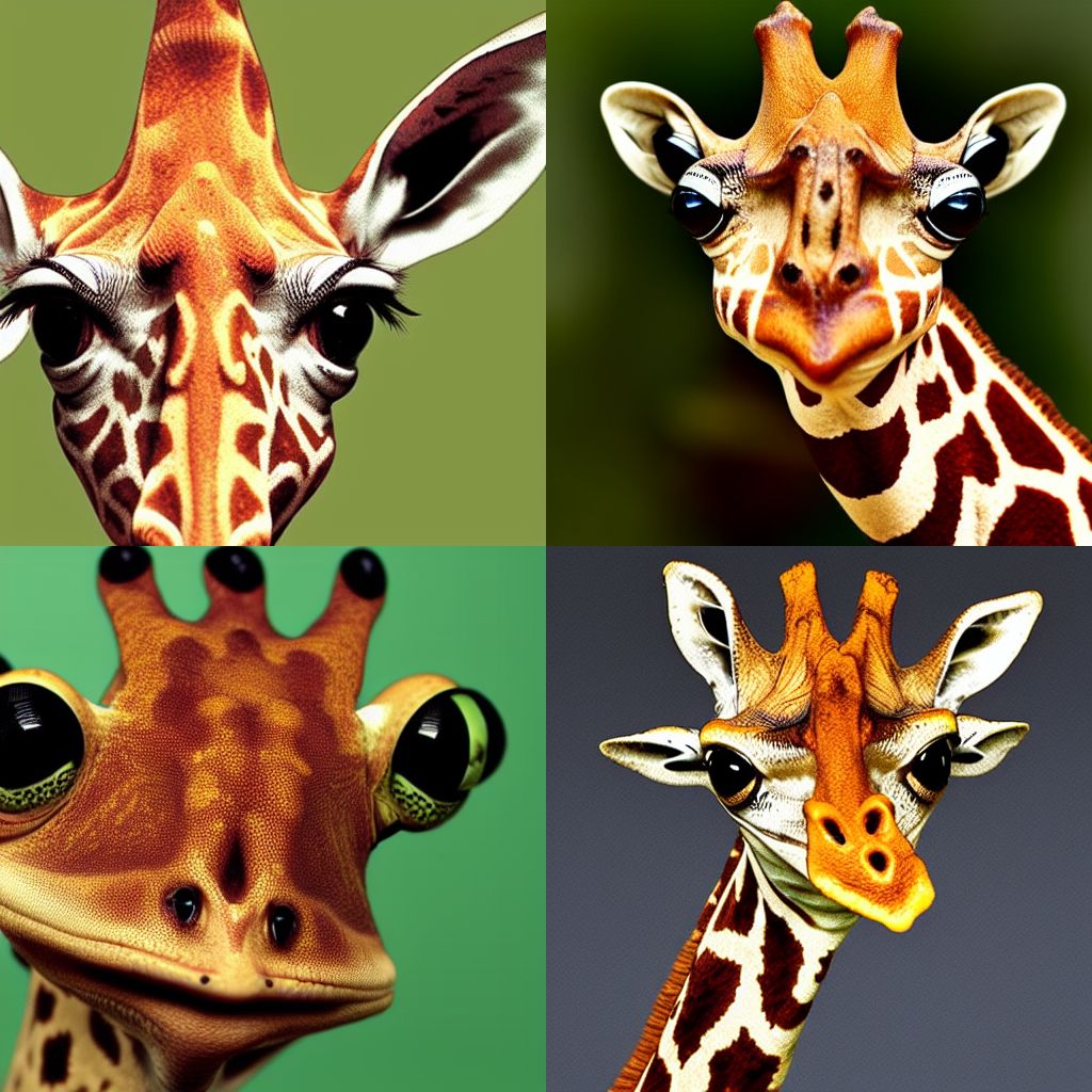 "photo of a mixture of giraffe and frog" generated with Stable Diffusion