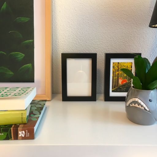 Photo of an empty picture frame on a book shelf