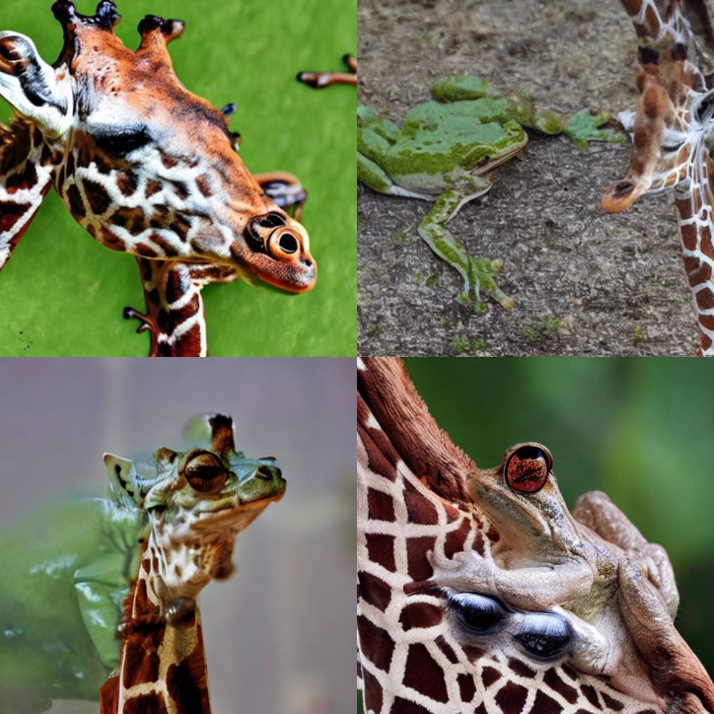 “photo of a giraffe” ensembled with “photo of a frog”, generated with Stable Diffusion