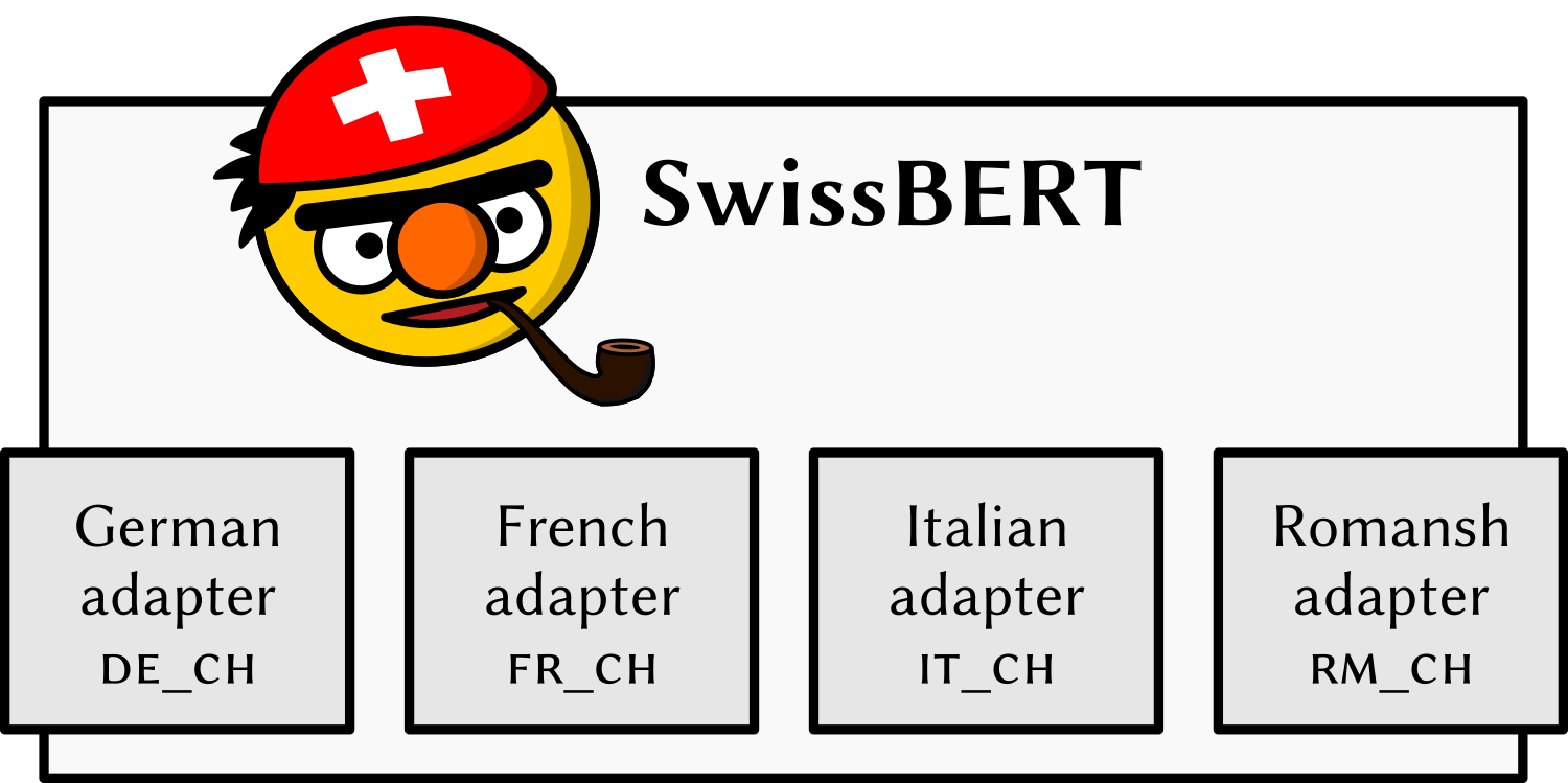 SwissBERT is a transformer encoder with language adapters in each layer. There is an adapter for each national language of Switzerland. The other parameters in the model are shared among the four languages.